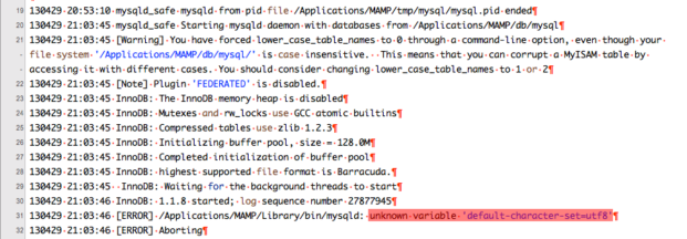 MAMPのMySQLのエラーメッセージ unknown-variable 'default-character-set=utf8'